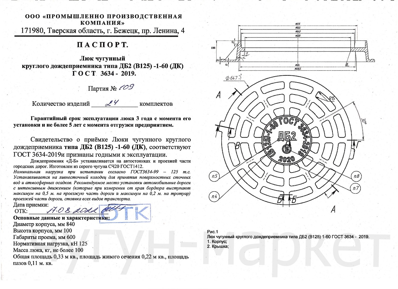 Дождеприемник чугунный большой круглый ДБ2 (В125)-1-60 (840×100) (ДК)